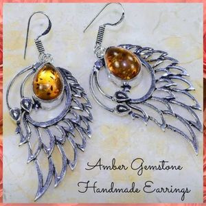 Beautiful Amber Gemstone 925 Silver Angel Wings Dangle Drop Earrings